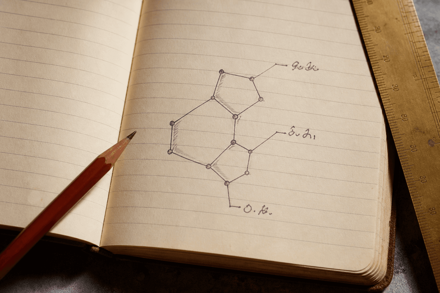 An open field notebook with a hand-inked structure map.