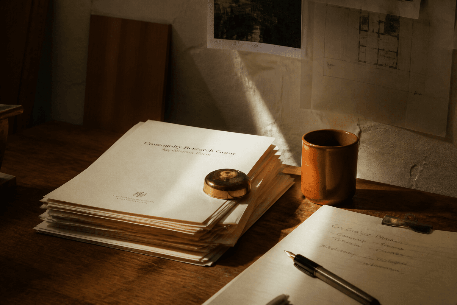 A shaft of late light across stacked papers on a timber desk.