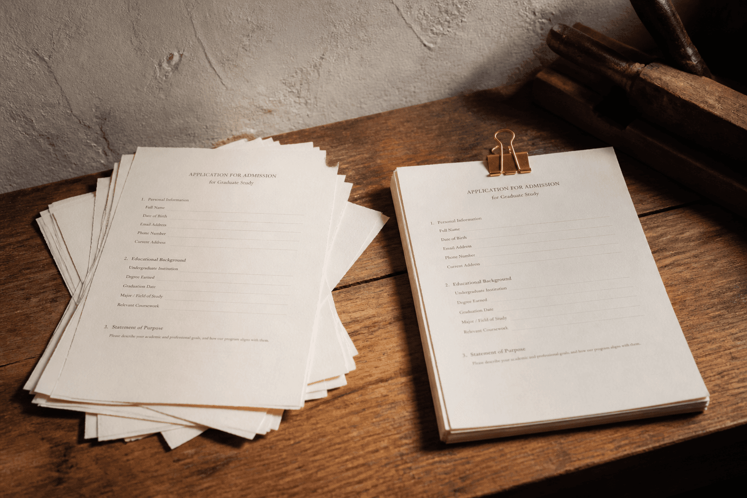 Loose pages on one side of a desk, a clipped and aligned stack on the other.